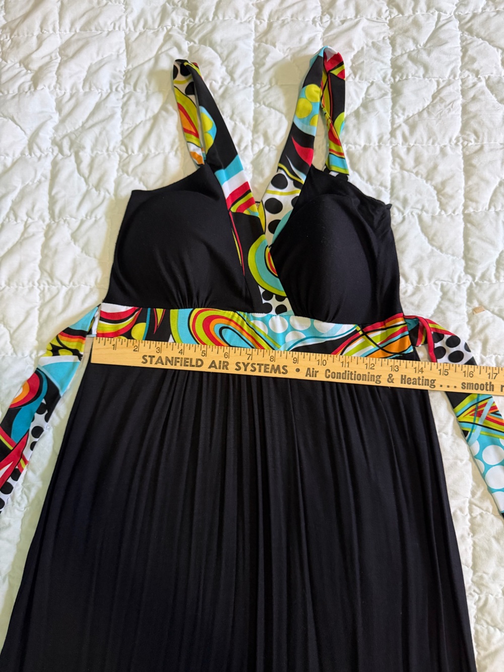 Women’s Black Maxi Dress with Colorful Abstract Trim - Picture 4 of 6